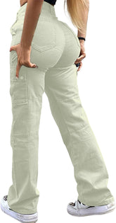 GuYongZ cargo pants for women, high-waist white front view, versatile everyday comfort.