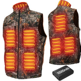 GVDV heated hunting vest camo front view keeps you warm outdoors.
