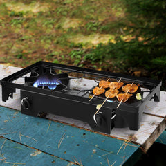 GYMAX camping stove displaying 150,000 BTU output for quick heating.