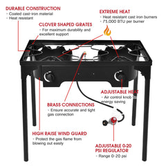 GYMAX camping stove with 20 PSI regulator and CSA certification for safe use.
