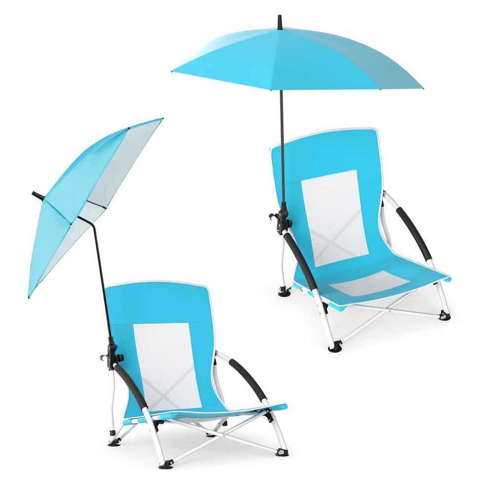 GYMAX folding beach chair with umbrella offers shade during sunny outings.