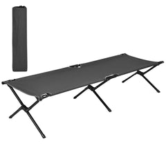 GYMAX folding camping cot with sturdy frame for reliable outdoor use.