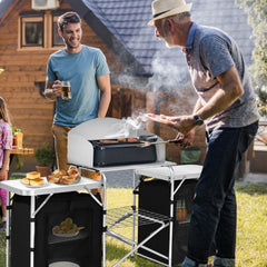 GYMAX camping table grid shelf shown, organized storage for cookware.