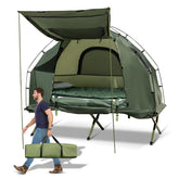 GYMAX tent cot setup demonstrates quick, compact camping shelter for solo adventures.