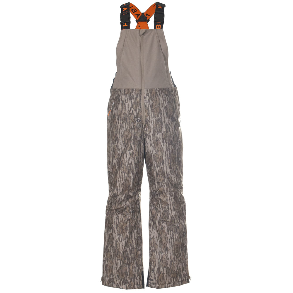 Habit Youth Cedar Branch insulated bib front view with Mossy Oak camouflage warmth