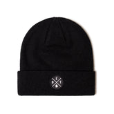 HAKA DET Premium Beanie Black patch detail for durable outdoor wear.