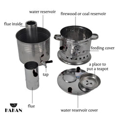 Hakan samovar lower fire chamber powered by wood or coal for authentic heat.