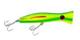Halco Roosta Popper 105 Lumo 4.5 inch lure close-up highlighting durable trebles for saltwater action.