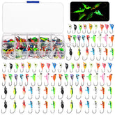 Halloscume glow ice jigs pack with bright lures for night fishing.