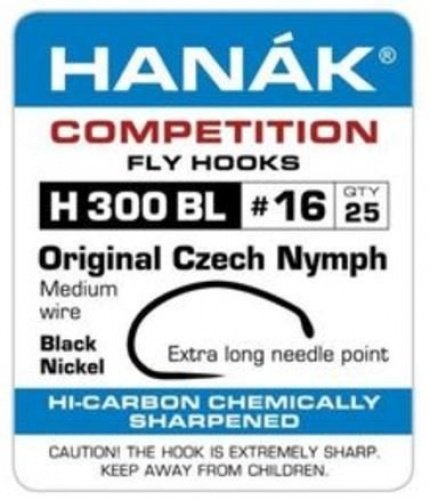 Hanak Competition H 300 BL fly tying hook with curved shank for precise Czech nymph patterns