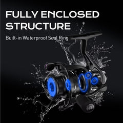 Handing M1 Pro reel shows waterproof seal for easy cleaning after saltwater fishing.