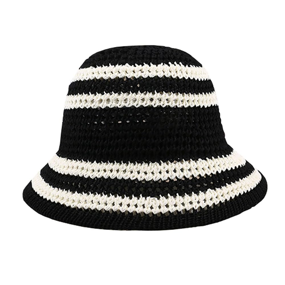 Front view of handmade black crochet straw sun hat with colorblocked striped pattern