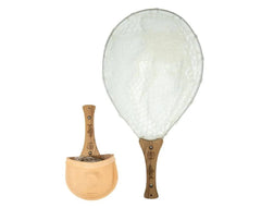 Insta-Net Handy Pak Net 301G Ghost Series with rubber netting, teak handle, and hand-tooled leather pouch