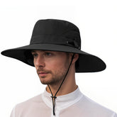 Black Hapforever wide brim sun hat with adjustable elastic cord and chin strap