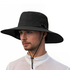 Black Hapforever wide brim sun hat with adjustable elastic cord and chin strap