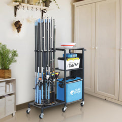 HapiRm storage cart holding fishing rods and tackle boxes
