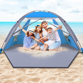 Happy Travel beach tent setup shows quick assembly for instant family shade.