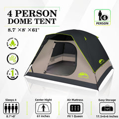 Happy Travel camping tent 4-person dark rainfly demonstrates quick weather protection during rainstorms.