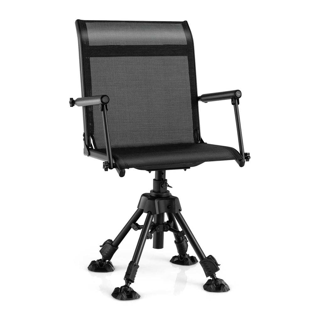 HAPPYGRILL 360° swivel hunting chair with quiet rotating base for all-direction viewing.