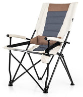 HAPPYGRILL folding camping chair with extended backrest offers comfort on long outdoor sessions.