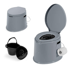 HAPPYGRILL portable toilet with removable inner bucket for easy disposal on camping trips.