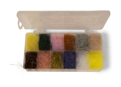Hareline Ice Dub Dispenser II showing the 12-color palette for organized dubbing.