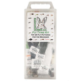 Hareline Fly Tying Material Kit in clear carrying case showing 48 materials