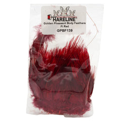 Hareline Golden Pheasant body feathers in red for vibrant fly tying, ideal for nymphs and wing accents.