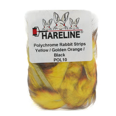 Hareline Polychrome Rabbit Strips in yellow, golden orange, and black for vibrant streamer patterns