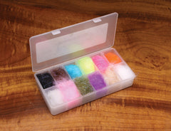 Hareline Senyo's Laser Yarn II Dubbing Dispenser organized 12-color set for easy dubbing work.