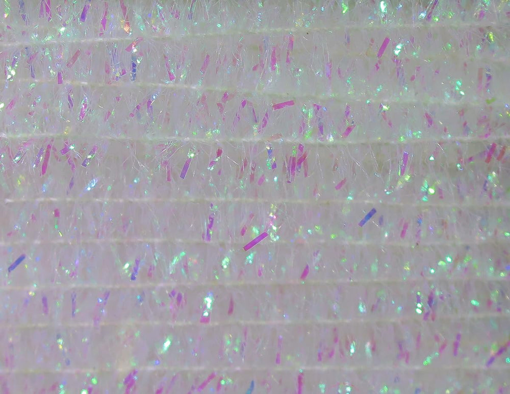 Hareline solid tinsel chenille pearl close-up with built-in flash for brighter flies.