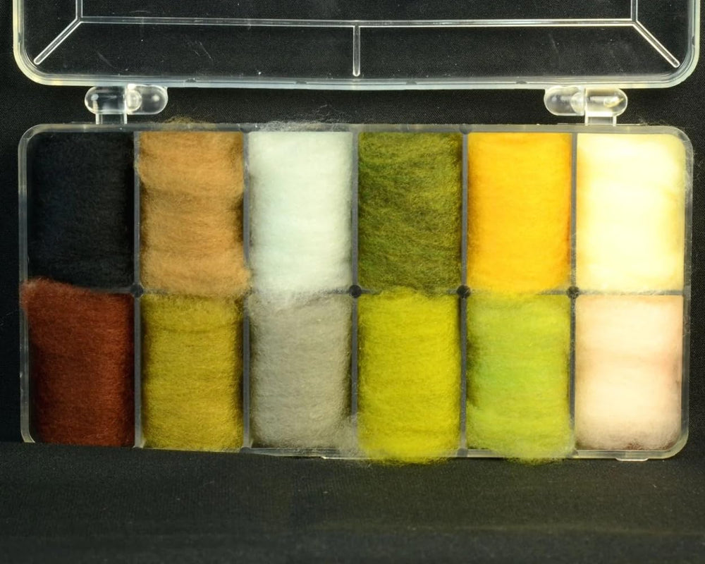 Hareline Superfine Dry Fly Dubbing dispenser showing 12 color compartments for organized dubbing