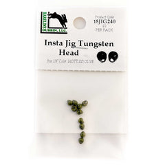 Hareline Tungsten Insta Jig Heads in mottled olive illustrate deep-water nymphing with snag resistance.