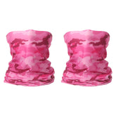 HARFINGTON camo pink neck gaiter worn during outdoor activities for sun and wind protection.