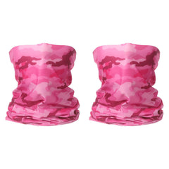 HARFINGTON camo pink neck gaiter worn during outdoor activities for sun and wind protection.