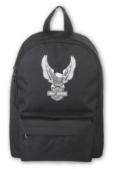 Harley-Davidson Eagle Rugged Backpack front view highlights durable high-density polyester.