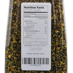 Harmony House jar back with labels signaling gluten-free, non-GMO, kosher OU.
