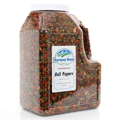 Harmony House dried peppers ingredients show red and green mix, no additives and full versatility.