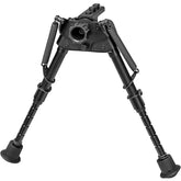 Harris S-BRM Bipod extended 6-9 inches for bench shooting stability.