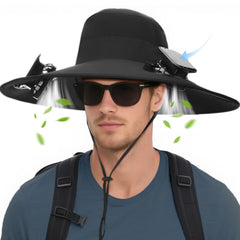 Front view of solar powered hat with two side fans