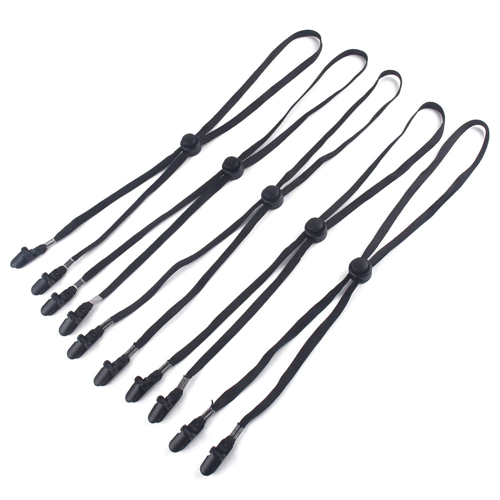 Five-pack adjustable hat strap clips in black with alligator end clips