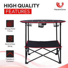 HavenCove camping table with 4 cup holders keeps drinks steady.