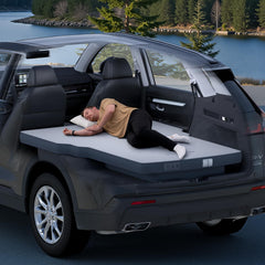Havnby AutoLevel 4-inch foam mattress on CR-V backseat offering flat, comfortable sleep.