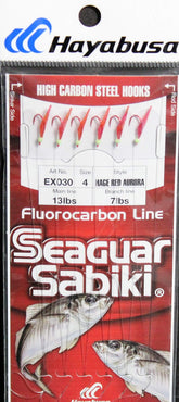Hayabusa EX030-4 Sabiki Red rig pack close-up, showing durable hooks for baitfish
