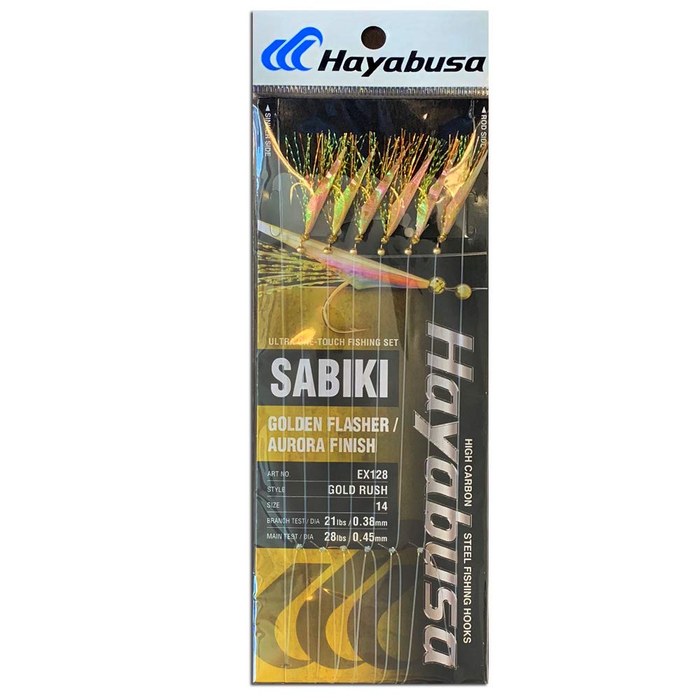 Hayabusa EX128 Golden Flasher 6-hook Sabiki rig offers vivid lure action for multi-species fishing.