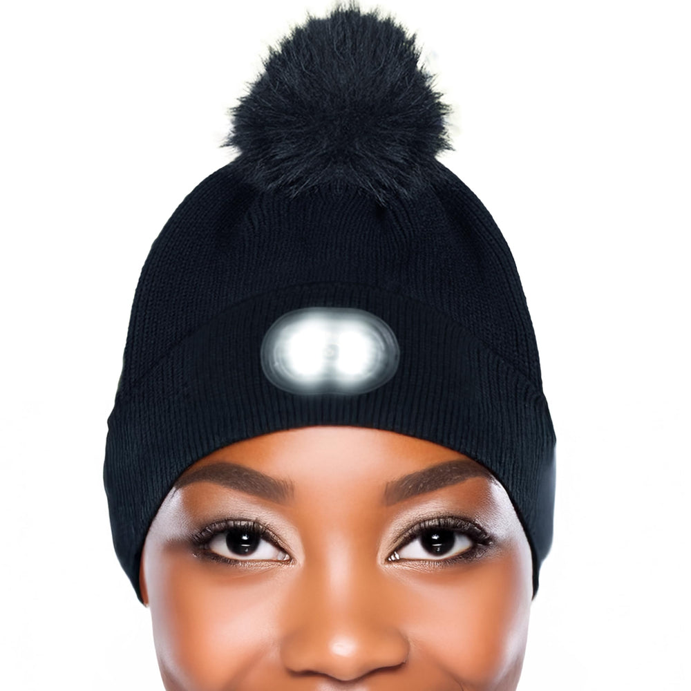 HEAD LIGHTZ beanie with light front view for hands-free night visibility.