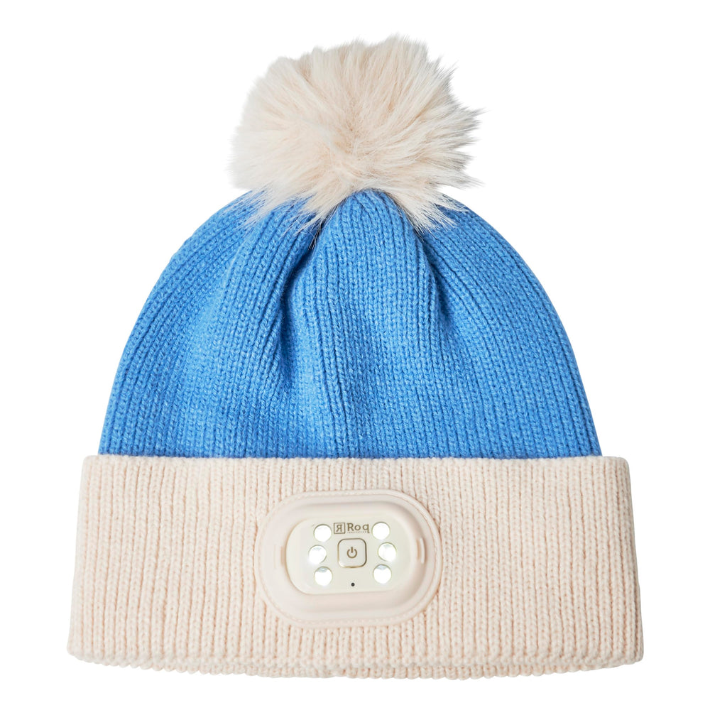 HEAD LIGHTZ Headlightz Pom Pom Beanie with LED light for hands-free visibility.