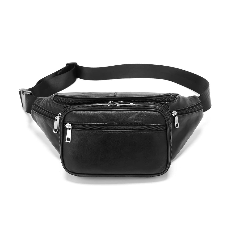 Hearty Trendy genuine leather waist pack front view with seven pockets for organized travel