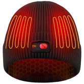 Front view of black heated beanie with 3 heat settings