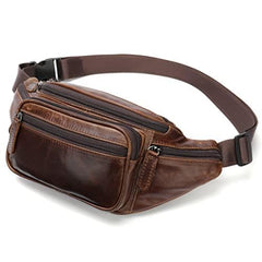 Hebetag leather fanny pack strap adjustment demonstrates secure fit for waist sizes 29.9 to 41.7 inches